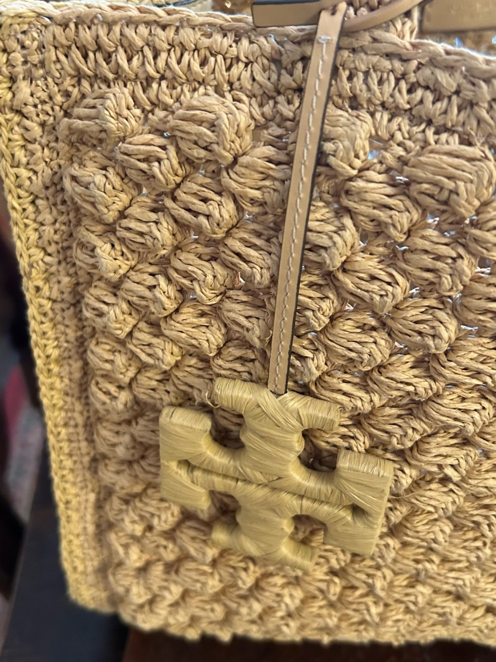 Tory Burch Small. Raffia -Crocheted Popcorn Tote in Natural Beige - Picture 3 of 12